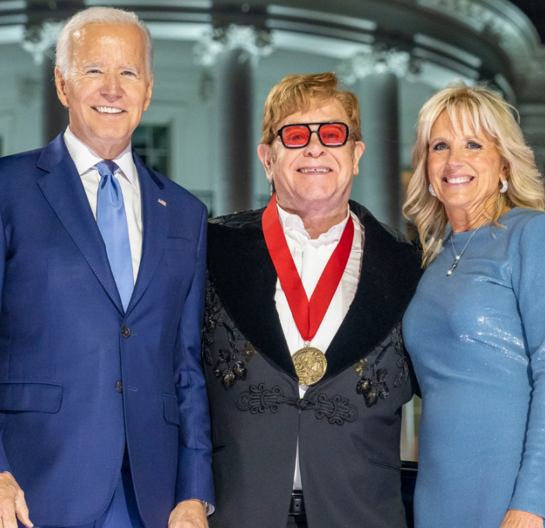 Joe and Jill Biden with Sir Elton John after presenting him with the National Humanities Medal