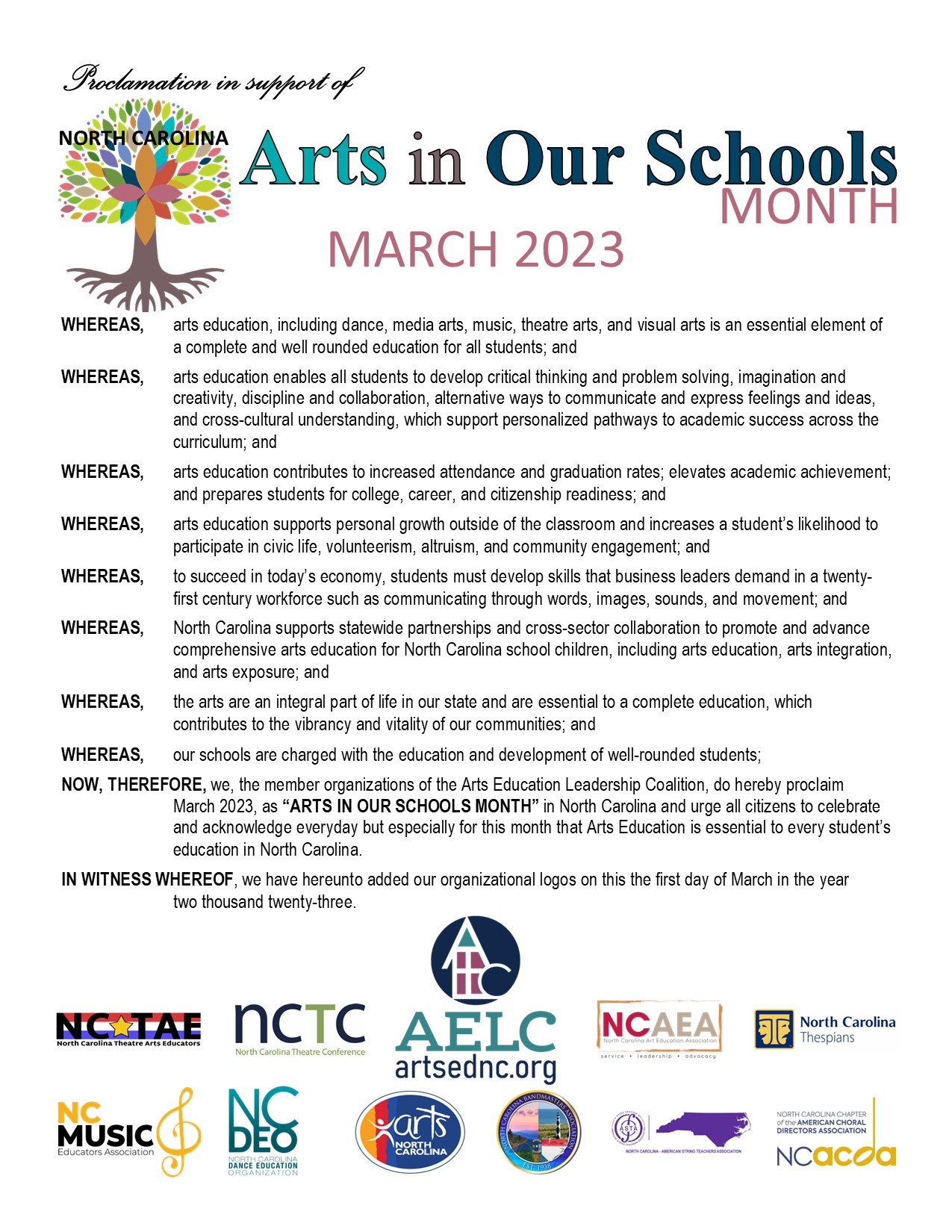 Art in Our Schools Month, March 2023, NC Art Education Leadership Coalition