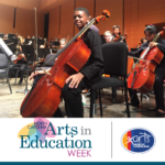 A picture of a young man playing cello in a youth orchestra and below is the Arts in Education Week Logo and the Arts North Carolina Logo