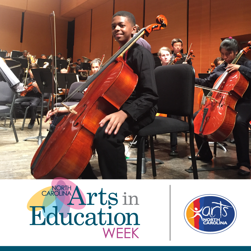 A picture of a young man playing cello in a youth orchestra and below is the Arts in Education Week Logo and the Arts North Carolina Logo