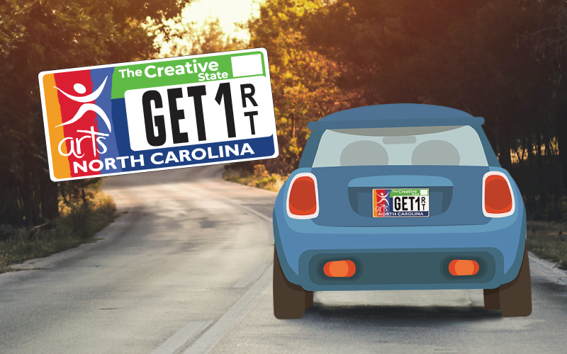 Picture of The Creative State license plate and a drawing of a car on a road through a forest