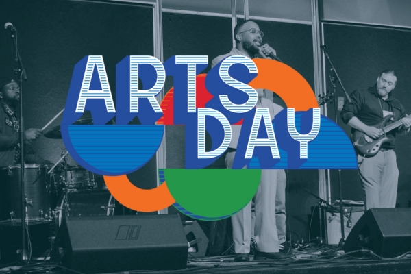 ARTS Day logo with a photo of musicians performing behind it.