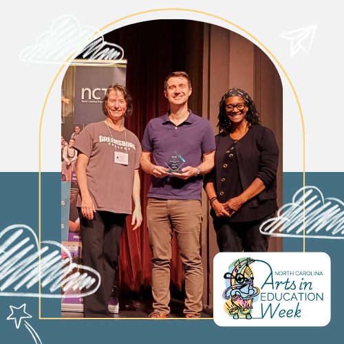 Picture of Blake Wilson standing with festival adjudicators, Josephine Hall and Donna Bradby.  Blake is holding the award and smiling.  He is a white man with bronw hair wearing a blue polo shirt and brown pants.